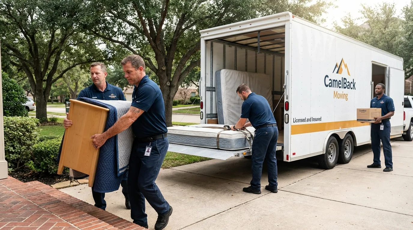 Crew loading residential truck for cross-state move from Hercules, CA