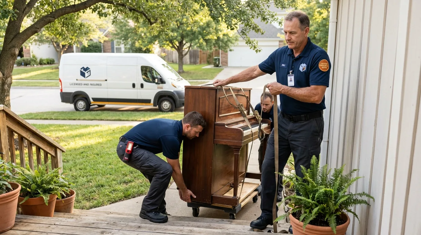 Licensed piano movers securing grand piano in Hercules, CA