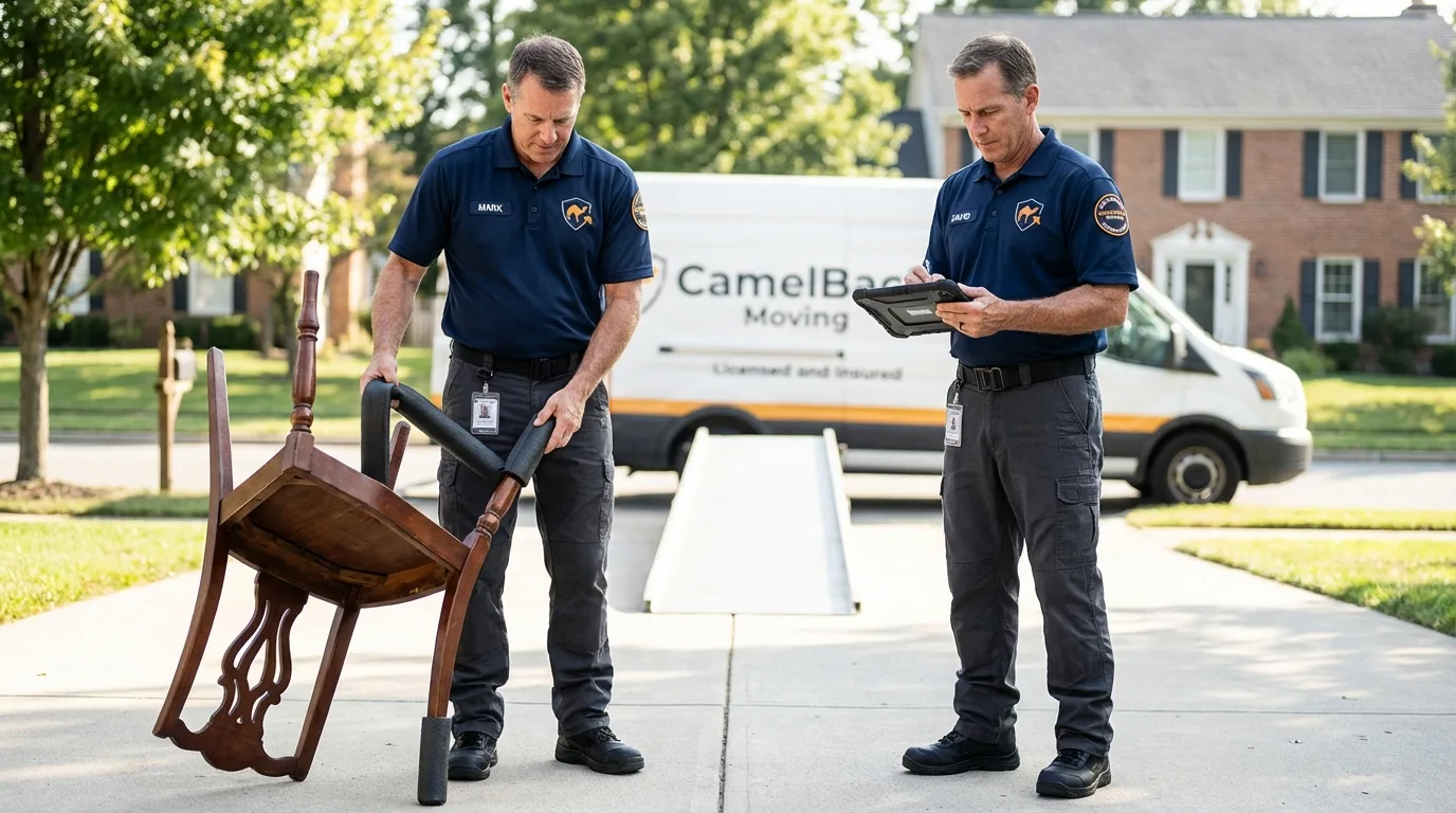 Movers inspecting furniture for damage prevention before loading in Hercules, CA