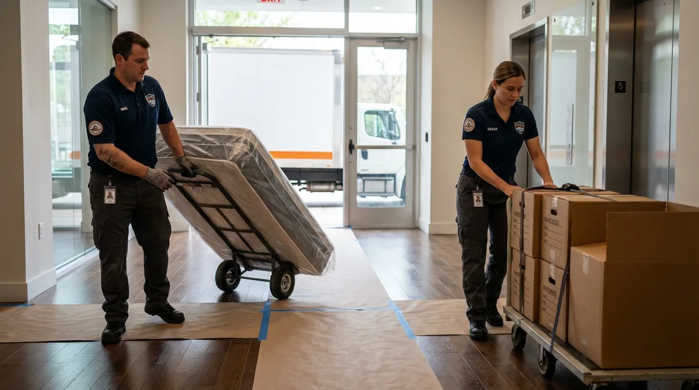Professional apartment movers loading elevator in Hercules, CA