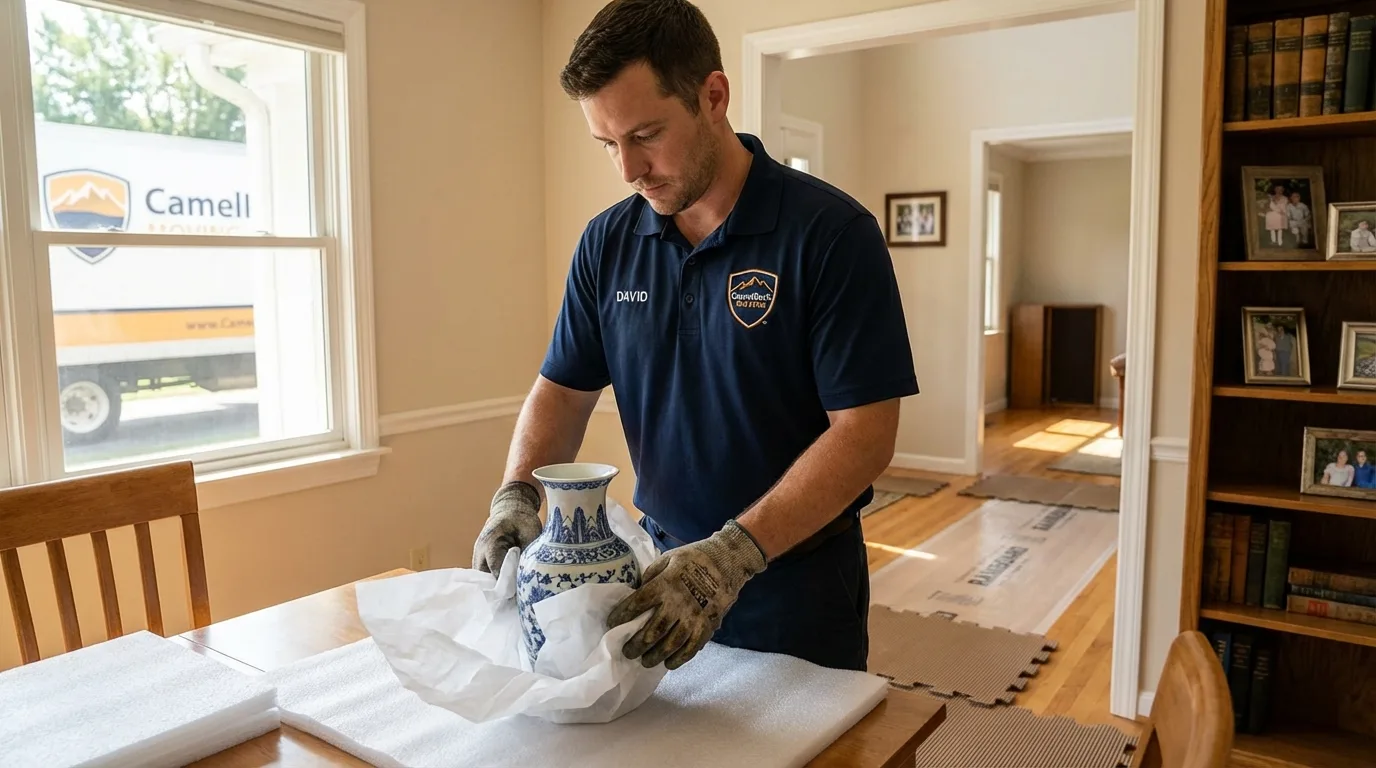 Professional crew carefully wrapping antique vase for senior downsizing move in Hercules, CA