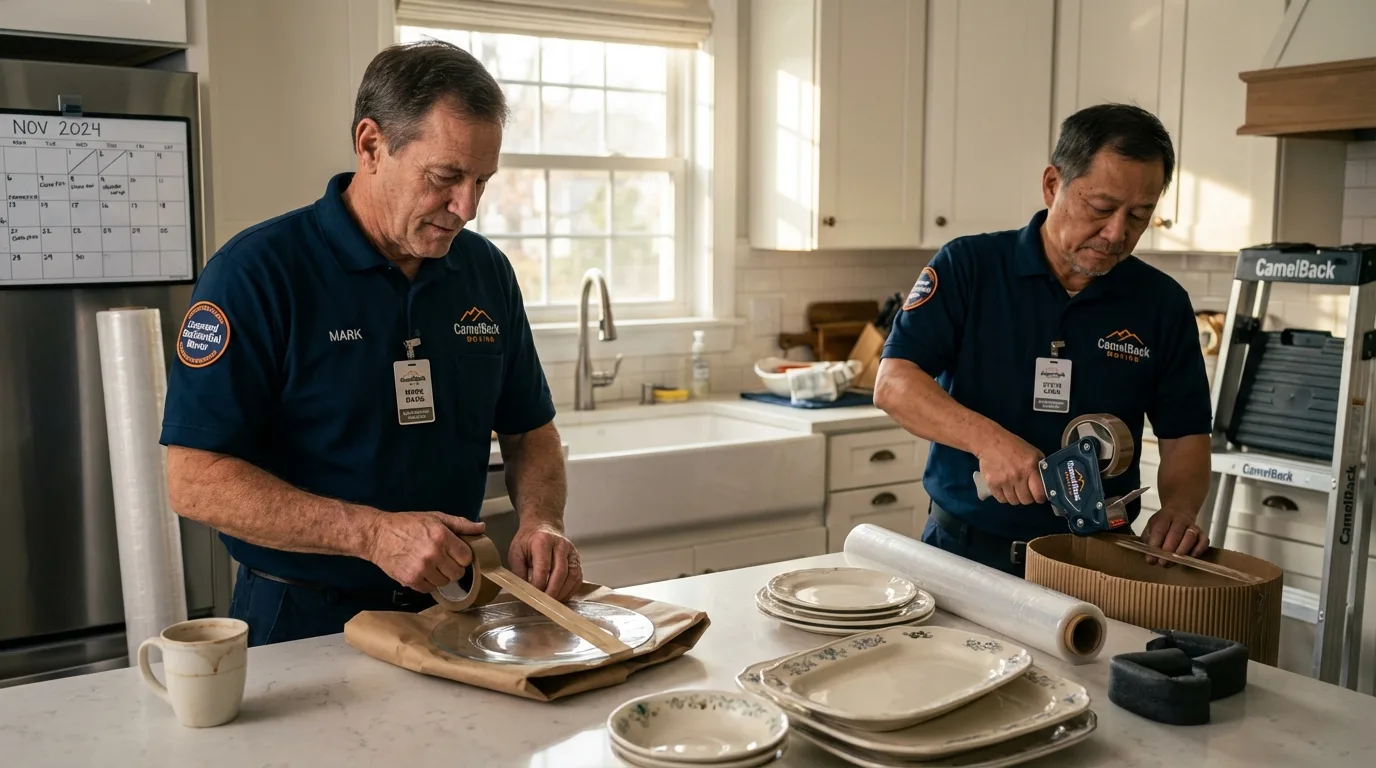 Professional crew packing kitchen dishware in Hercules, CA